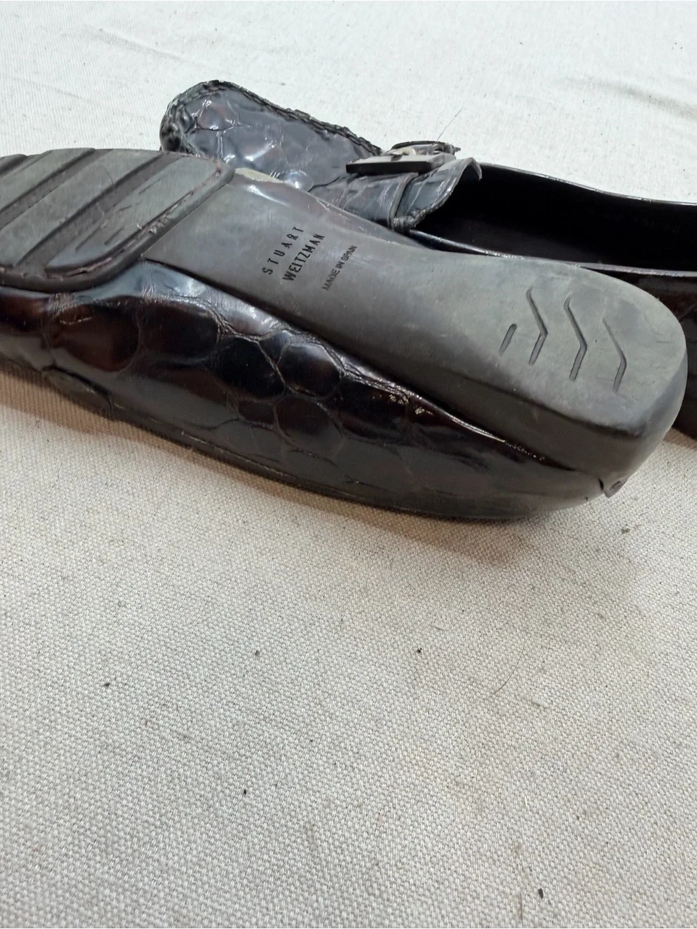 Stuart Weitzman Brown Croc-Embossed Leather Loafers with Buckle